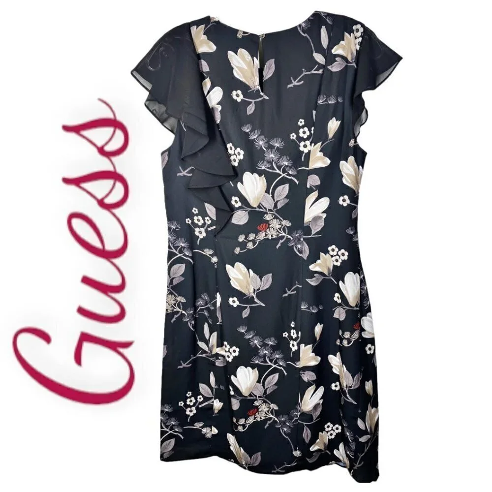 NWT GUESS Floral Chiffon Sleeve Ruffle Front Dress,‎ Size Large